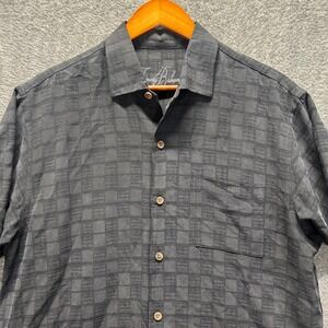 Tommy Bahama Mens Medium Black 100% Silk Textured Grid Short Sleeve Camp Shirt